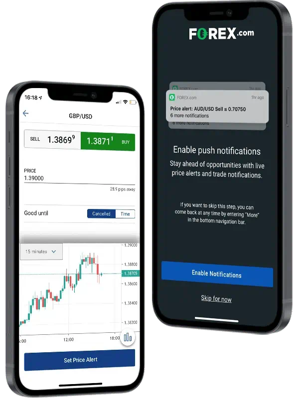 Two mobile phones showing how to set pricing alerts and push notifications