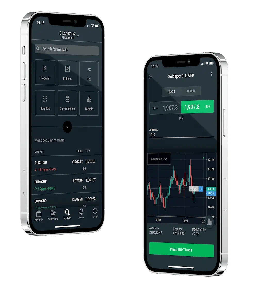 2 mobile phones showing trading app and Gold screens