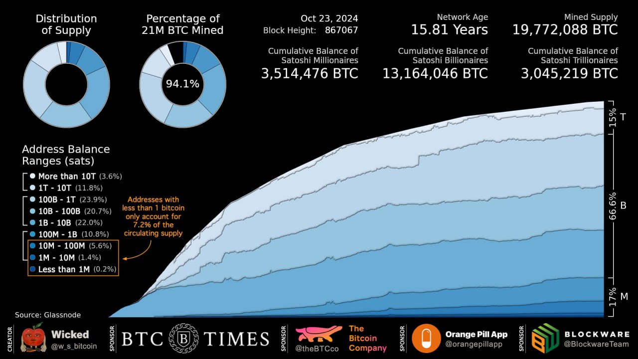 FACT: 🟠 Addresses with less than 1 #bitcoin only account for 7.2% of the circulating supply.